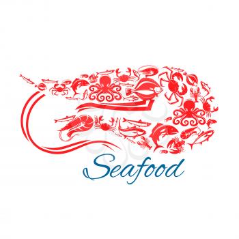 Shrimp seafood poster. Vector symbol of sea and ocean fish food crab lobster, flounder, tuna and herring, salmon or trout, squid and octopus. Design for seafood cuisine restaurant, fish market or shop