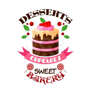 Pastry desserts or bakery shop vector emblem. Sweet cupcake, cake or tart icon for pastry or patisserie confectionery badge. Chocolate creamy pie with berry topping, lollipops and pink ribbon
