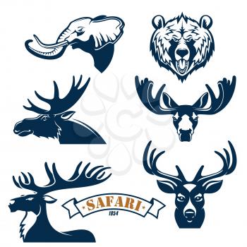 Hunting club emblems and icons set. Safari hunt adventure badges with animals heads of isolated icons of elephant, grizzly bear, elk or deer antler and reindeer. Vector isolated signs, ribbon for afri