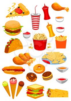 Fast Food vector isolated icons of hamburger or cheeseburger sandwich, hot dog and ice cream, pizza and popcorn. Junk food chicken leg and french fries, tacos, burrito or kebab, nachos chips and ketch