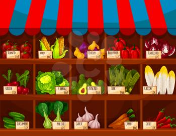 Vegetable shop, store stand or market counter showcase with vegetables tomato, corn and onion leek, bell and chili pepper, radicchio, chicory and pak choi leafy salad lettuce, radish, cabbage and avoc