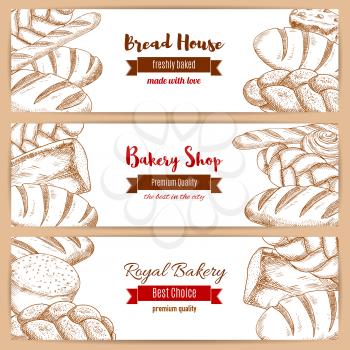 Bread banners set for bakery shop. Vector sketched bread assortment of rye loaf brick and french baguette, wheat bagel, twist or braided bread, fresh and tasty bun and sweet roll dessert. Design with 