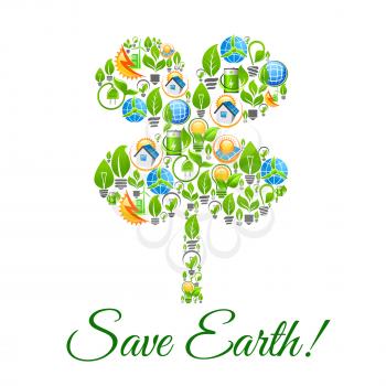 Save Earth poster with clover leaf symbol. Ecology and nature conservation and pollution protection, green sources and recycling concept designed of electric lamp and plug socket, sun light and solar 