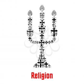 Candlestick symbol designed of Christianity religion crucifix crosses. Vector church candelabrum lantern. Lutheran, catholic, orthodox, evangelistic or baptist religious faith or belief worship concep