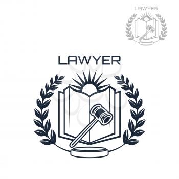 Lawyer or advocate emblem of judge gavel, open book, heraldic laurel wreath and sun. Vector isolated icon for law attorney or advocacy assistant office or juridical counsel or legal notary company