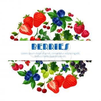 Berries poster of fresh sweet and juicy strawberry, and cherry, raspberry, blackberry and blueberry, black currant or red currant, gooseberry and briar. Forest and garden fruity berry harvest for frui