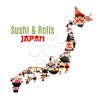 Sushi, sashimi and seafood rolls in Japan map. Japanese cuisine symbol of steamed rice with shrimps and noodles wok, oriental miso soup with fish and nori seaweed, sushi rolls and salmon sashimi with 