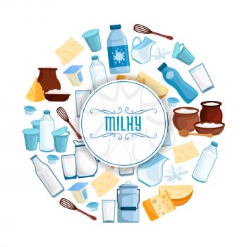 Milky products poster of vector milk and dairy products. Butter, sour cream in jar and milk curd, village and farmer market cheese, yogurt or kefir, cottage cheese and fresh cream, whisk and spoon. De
