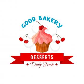 Pastry cake dessert emblem. Bakery shop or patisserie cupcake icon. Vector sweet tart or biscuit muffin with whipped cream and fruity topping of cherry berry. Badge with ribbon for confectionery