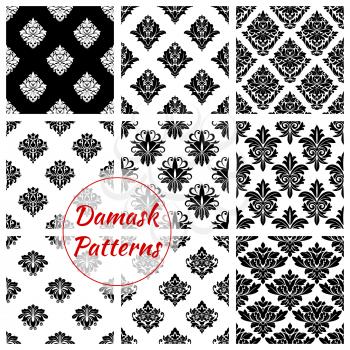 Damask flourish patterns set. Flowery ornate embellishment and luxury floral ornamental tiles and backdrops Baroque or rococo background for interior design. Vector tracery motif adornment