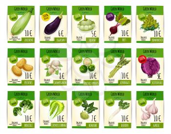 Vegetables price tags. Farm fresh zucchini squash and eggplant, beet, romanesco broccoli and potato, champignon mushroom, brussels sprouts and asparagus, scotch kale and chinese cabbage, kohlrabi, dai