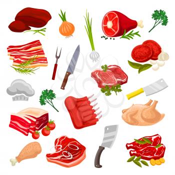 Meat products icons. Vector beef filet t-bone steak pork tenderloin bacon, mutton ribs and sirloin, turkey poultry and chicken leg, fresh liver. Butchery or butcher shop fresh meat, greens onion, garl