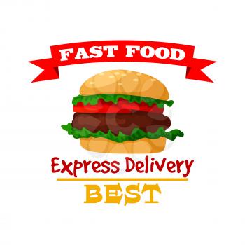 Hamburger icon. Fast food burger emblem of crispy sesame bun, fresh meat cutlet and vegetables lettuce. Vector isolated fast food meal symbol with ribbon for fast food sign or takeaway menu or deliver