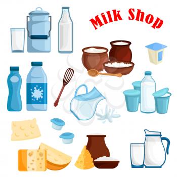 Dairy products, milk isolated icons. Vector milky food and drinks milk bottle and butter, cottage cheese and fresh cream in bowl, sour cream and milk curd, cheese, yogurt or kefir in pitcher, whisk an