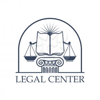 Juridical legal center emblem. Vector icon with Scales of Justice symbol, open book on roman column pillar capital, sun rays under arch. Badge for law attorney, legal advocate or lawyer office, notary