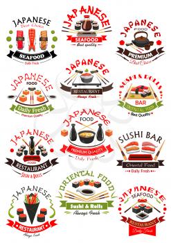 Sushi sashimi and Japanese seafood emblems. Oriental fish and sea food cuisine food vector isolated icons of salmon, tuna, eel and shrimp with steamed rice, noodle seaweed soup and green tea, wasabi a