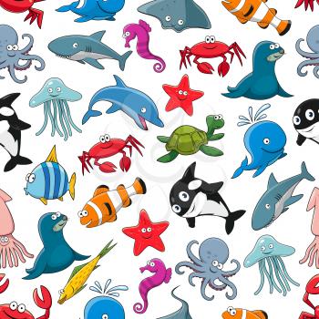 Cartoon pattern of sea fish and ocean animals starfish and seahorse, squid and jellyfish, seal, dolphin and shark whale, lobster crab, octopus, stingray and penguin, turtle, clown fish or flounder and