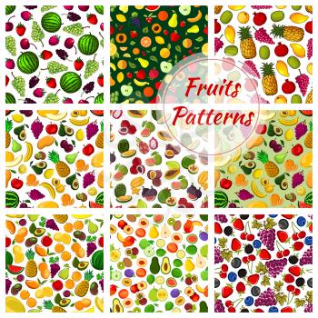 Set of fruits seamless pattern background. Tropical figs and exotic durio, strawberry and watermelon, cherry and grapes, kiwi and pear, plum and mango, pitaya and lychee, citrus lemon.For gastronomy w