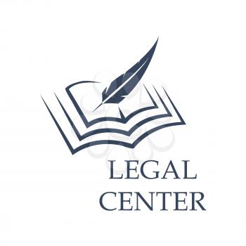 Legal center symbol as feather writing on book. Judgment certificate or police document, crime verdict icon, lawsuit sign or crime punishment badge. Wisdom or prosecutor decision theme, court logo