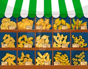 Pasta or italian macaroni food stall or counter. Tricolore and quadretti, bucatini and torti, konkiloni, and farfalle, kanelone or cannelloni, cavatappi and stelle, rotini and penne, fusilli and rigat