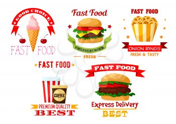 Fast or unhealthy food set of icons. Hamburger with beef and cheeseburger, ice cream in waffle cone and cherry, onion rings and cup of coffee, soda beverage. Shop or restaurant, bistro and cafe, ameri