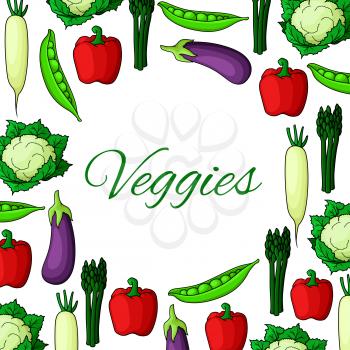 Vegetable natural food poster. Farm asparagus and bell pepper, eggplant and daikon, peas and cauliflower. Farming or harvest, nature and health, salad or kitchen cooking, crop theme, restaurant or mar