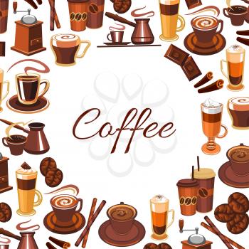 Cup of coffee and chocolate, candy stick dessert poster. Hot mug with mocha or espresso, latte and mocha or macchiato, arabica or americano in plastic sleeve or clutch, grains and beans, cezve or cezv