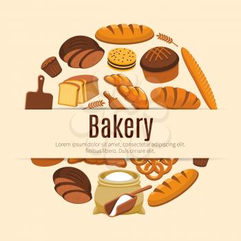 Pastry food and baked bread and wheat banner. Loaf of rye and brick bread and baguette, baton and ear, croissant and bun, wooden cutting board and roller pin, flour bag and kringle, cake with raisins.