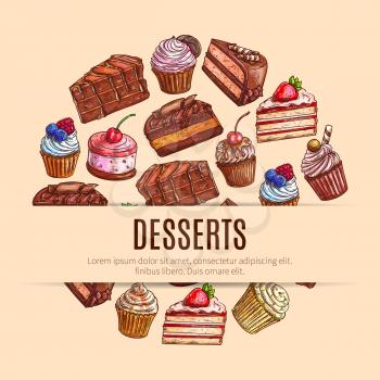 Pastry and dessert food, bakery and sweets banner. Chocolate cake and cupcake with cream and strawberry, waffle bake and candy sticks, flour cookie and muffin. Cafeteria or restaurant, cafe and shop, 