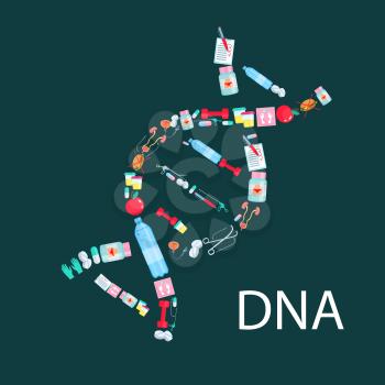 DNA icon made of healthy lifestyle and medical items. Water bottle and apple, crossed hamburger and urogenital system with kidneys, analysis container and salve for weight loss, barbell and ointment.M