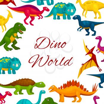 Cartoon dinosaur or jurassic monster poster. Comic t-rex or tyrannosaurus rex, brontosaurus and diplodocus, pterodactyl or pterodactyls, theropoda. Museum of prehistoric fossil, extinct animals or liz