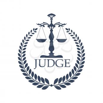 Laurel wreath and judge scales or weigher. Lady justice or Justitia attribute logo or criminal punishment icon. Judgment and defence or legal defense balance with prosecutor, liberty and lawsuit, tria