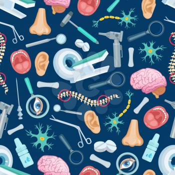 Medicine or medical seamless pattern background. Health care or healthcare items such as magnifying glass and pill, spray, human head organs like nose and mouth with teeth, eye and ear, spine and cell