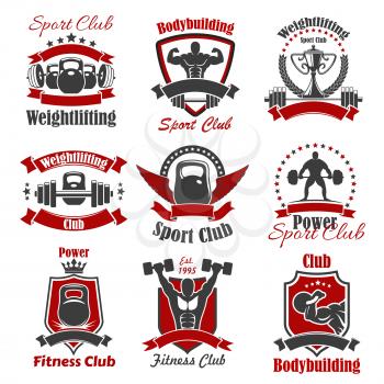 Weight sport and bodybuilder isolated icon. Strong athlete and cup with laurel wreath, powerlifting athlete with barbell or dumbbell with ribbon and crown, muscular sportsman. Workout and healthy trai