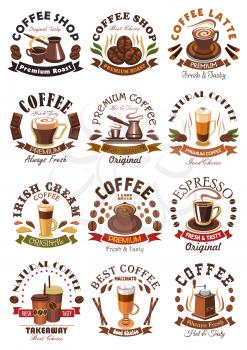 Sleeve or cup of hot coffee and beans. Cappuccino and espresso, latte and irish cream, mocha and mochachino, macchiato with chocolate bars and ribbon and cezve, black americano drink. May be used for 