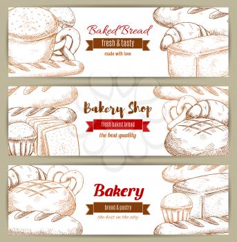 Sketch banner of bread loafs and kringle. Pastry rye meal with butterbrot brick anadama and croissant, kifli and cereal bakery, french baguette and yeasted wheat. Bakehouse or bakery shop, cooking and