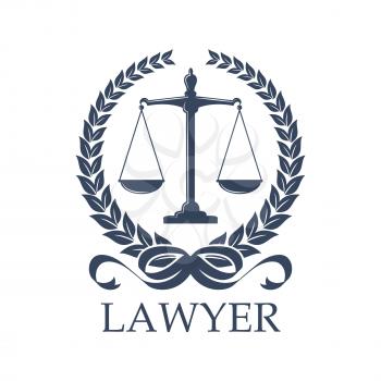 Lawyer sign of scale in laurel wreath. Weigher for justice and arbitrate or Libra. Prosecution and law defense balance, judgement and protection, lawsuit and human rights theme, advocacy or notary, pr