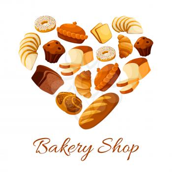 Bread and croissant, donut shaped as heart. Doughnut and baked bun, bagel and cake with raisins, baguette or baton, cereal rye anadama. Bakehouse or bakery, pastry shop or store, rural nutrition and c