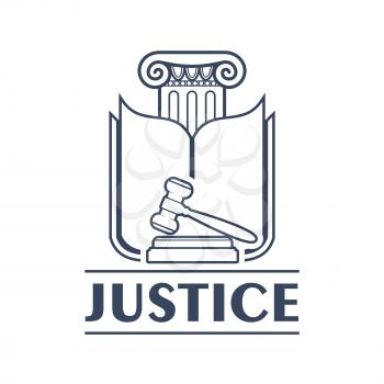 Greek column with lintel and opened book pages, judge gavel or hammer. Court decision making logo or verdict of law icon, ancient greece criminal system or punishment of crime. Advocacy bureau and leg