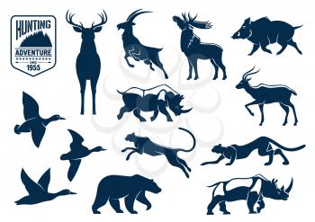 Hunting animals silhouette icons. Stag and deer, capra or mountain goat, reindeer with antler and wapiti, cervus and wild boar, rhino or rhinoceros, panther and american grizzly bear, duck bird. Hunti