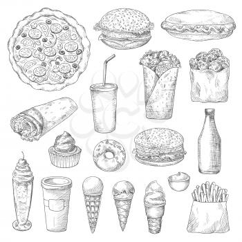 American junk or fast food sketch. Ice cream in cone waffle, pizza and hamburger or cheeseburger, pizza and french fries or fried potato, donut or doughnut, sauce or ketchup, cupcake, soda with straw.