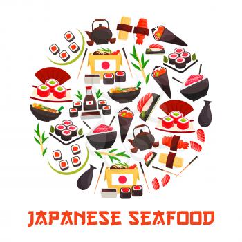 Japan sea and sushi food banner. Shrimp and salmon, tuna and rice rolls, bento with tamago and sashimi, temaki, kaviar or ikura on ebi, roe and nigiri, kettle and cups with tea. Asian and japanese sea