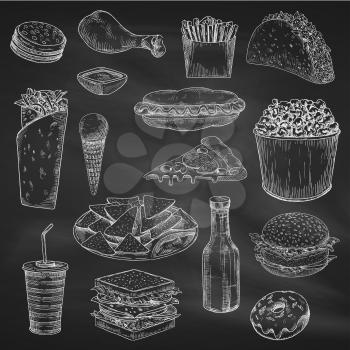Fast american food sketch on chalkboard or blackboard. Chalk drawing of chicken leg or pork ham, sandwich and hamburger, soda and ice cream, sliced cheese and pizza, burrito and donut, sauce and fried