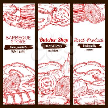 Sketched meat food and sausage banner. Pork ham and chicken leg, frankfurter wurst or kielbasa, tenderloin or cutted sirloin, meatloaf. Barbecue or bbq shop, butcher store or nutrition, poultry dish t