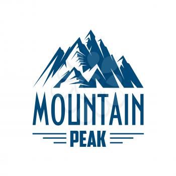 Mountains icon. Vector emblem with mountain peak symbol. Alpine mount or rock hill snowy peaks isolated badge for skiing or snowboarding outdoors sport resort, winter nature tourist camping, or mounta