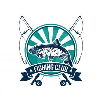 Fishing club icon or emblem. Fisherman sport adventure round badge with vector symbols of fishing rod with float and hook, river perch, crucian or trout fish with blue ribbon design
