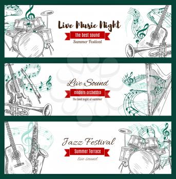 Music jazz festival banners set with musical instruments sketch. Vector acoustic guitar and piano with violin bow, sax or saxophone and clef note stave, harp and trumpet, maracas and drums kit with cy