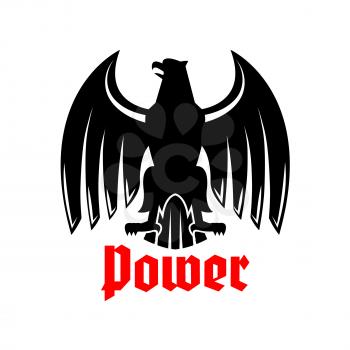 Black heraldic eagle icon. Vector emblem of imperial or royal hawk or falcon symbol. Gothic predatory bird with spread wings, sharp clutches and open beak. Griffin heraldry sign for blazon, sport team