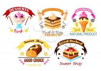 Pastry dessert icons set. Vector sweet ice cream, fruit cake and cupcake with fruits, glazed vanilla tart with whipped cream, chocolate roll pie. Vector candy, lollipop, marmalade fondant, ribbons for