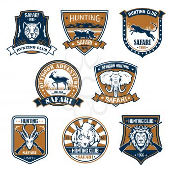 Hunting sport club heraldic icons. Jumping panther and head on shield, rhino and rhinoceros with ribbon, capra or mountain goat and elephant with trunk, roebuck or roe deer and lion with crossed guns 